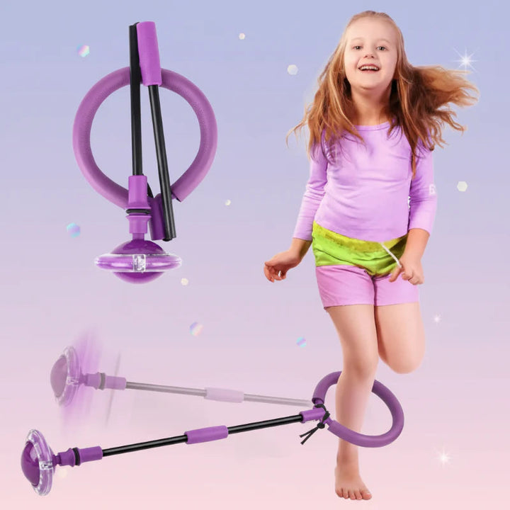 Purple ankle skip ball shown folded and extended beside a child jumping