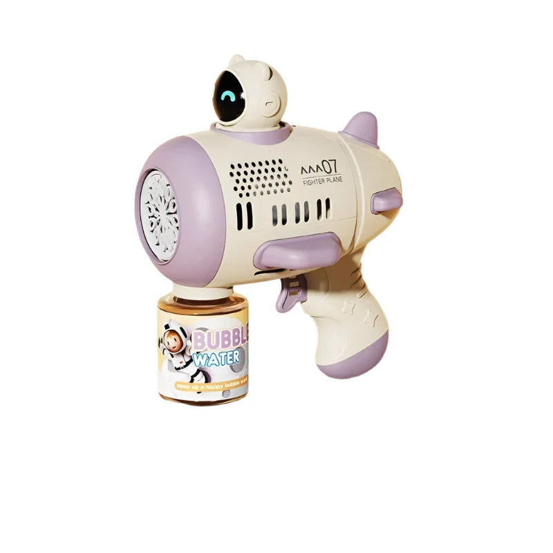 Purple astronaut bubble gun with an attached bubble-solution bottle.