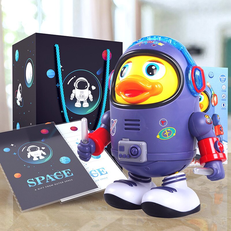 Purple astronaut duck toy beside its space-themed packaging