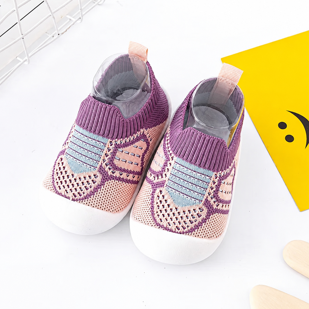 Purple baby slip-on shoes with pale blue knit accents and ribbed cuffs
