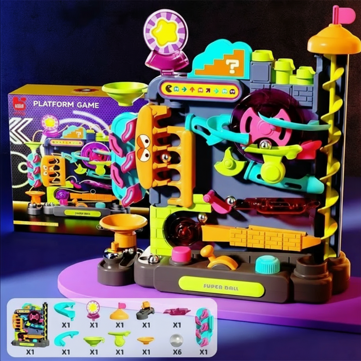 Purple ball track beside its box, with an illustrated parts guide below