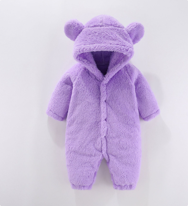 Purple fleece baby romper with a bear-ear hood and front buttons
