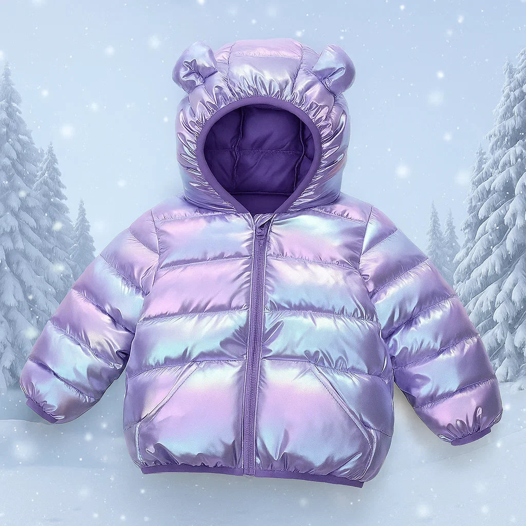 Purple iridescent puffer jacket with a padded bear-ear hood