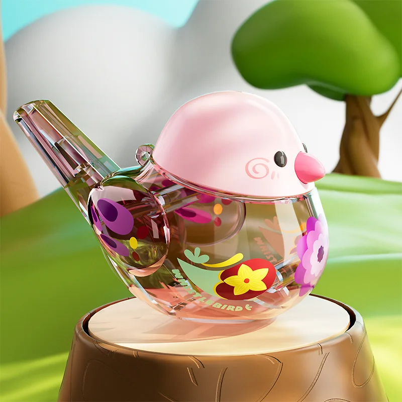 Purple color option with a pink top and flowers on the transparent bird-shaped body