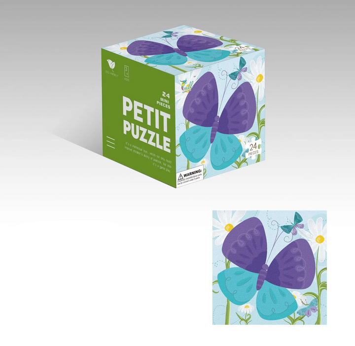 Purple and blue butterfly jigsaw puzzle with flowers and a matching cube box