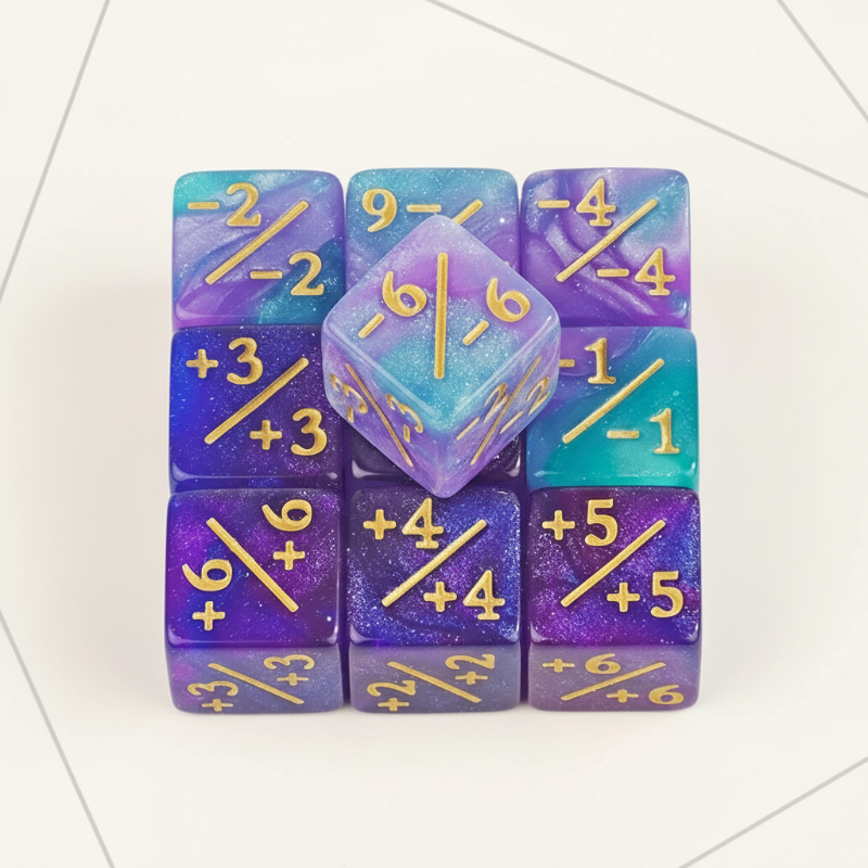 Purple and blue counter dice displaying positive and negative values