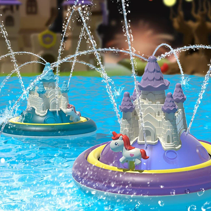Purple and blue floating unicorn castle toys spraying water in a pool