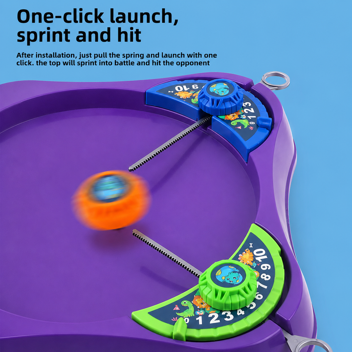 A spinning top launching from a corner station on the purple game board.