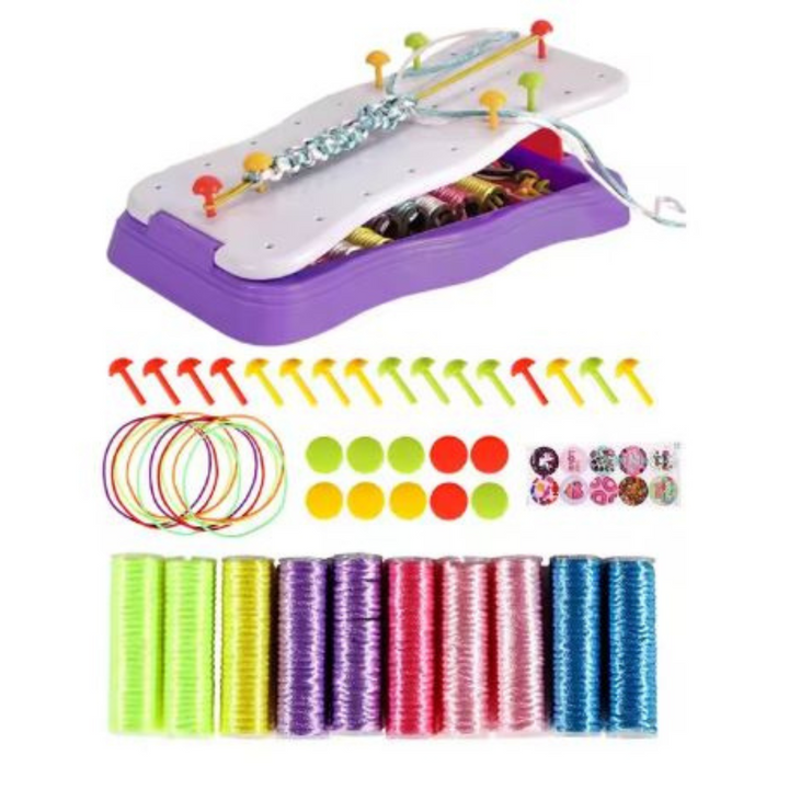 Purple braiding frame with colorful cords, pegs, and bracelet decorations