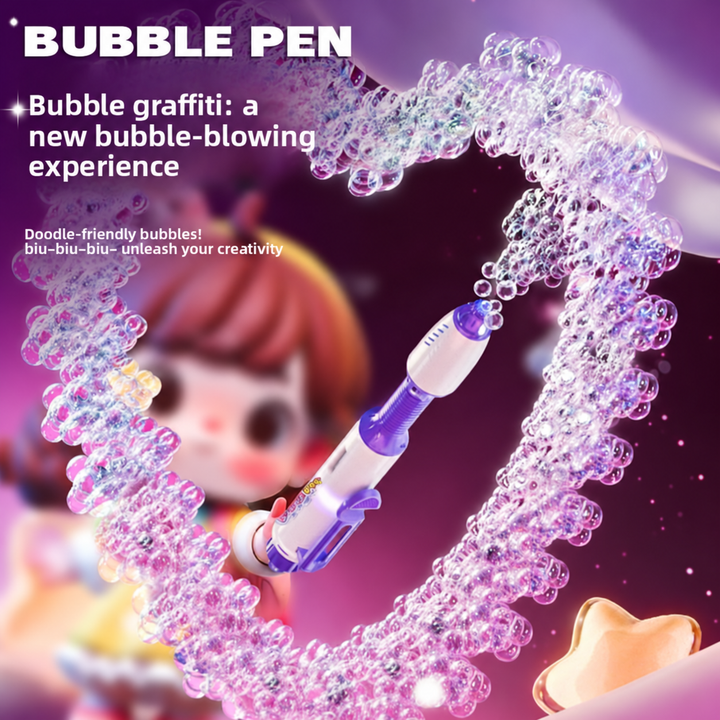 Purple bubble pen shown surrounded by a curved trail of bubbles.
