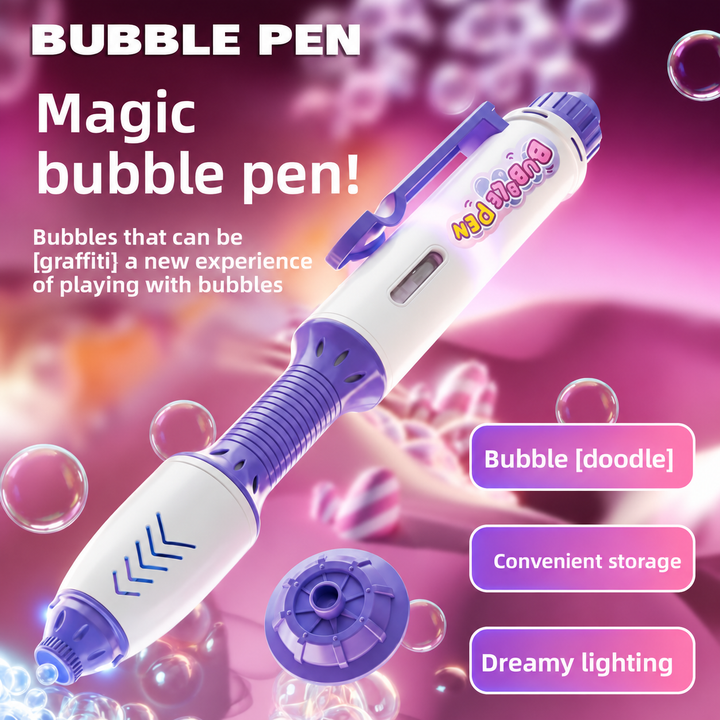 Purple bubble pen feature graphic showing the grip, detached bubble head, and bubbles.