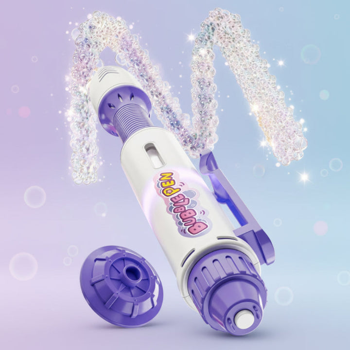 Purple bubble pen shown with looping bubble trails and a detached round bubble head.
