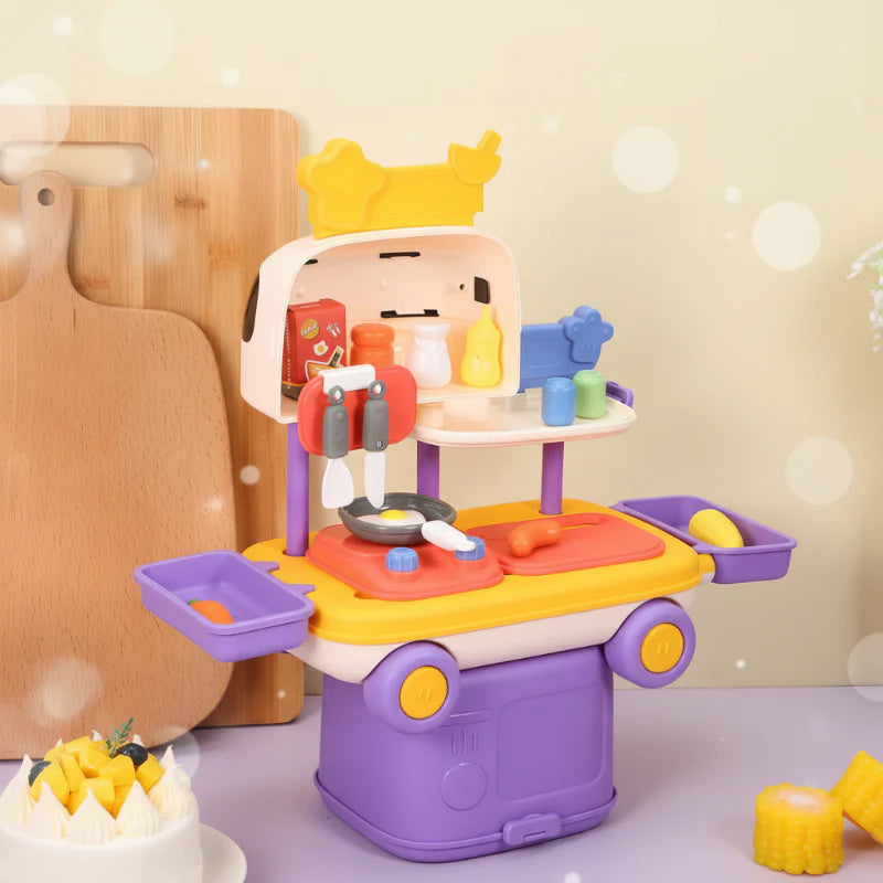 Purple and yellow car kitchen playset opened with a toy stove, pan, shelves, and side trays