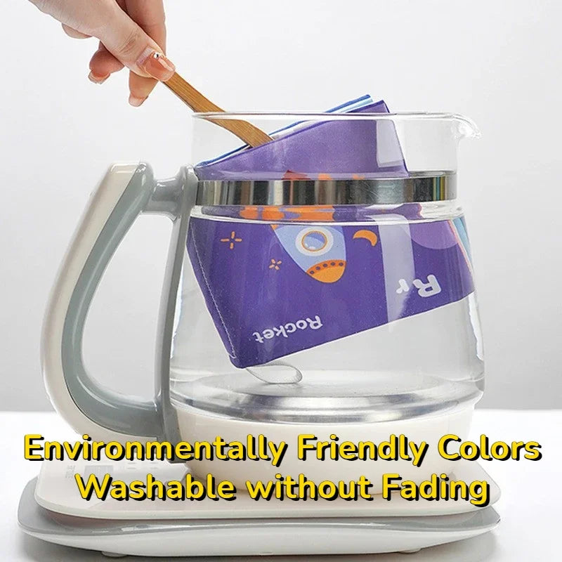 Purple cloth book shown partly submerged in water inside a clear kettle