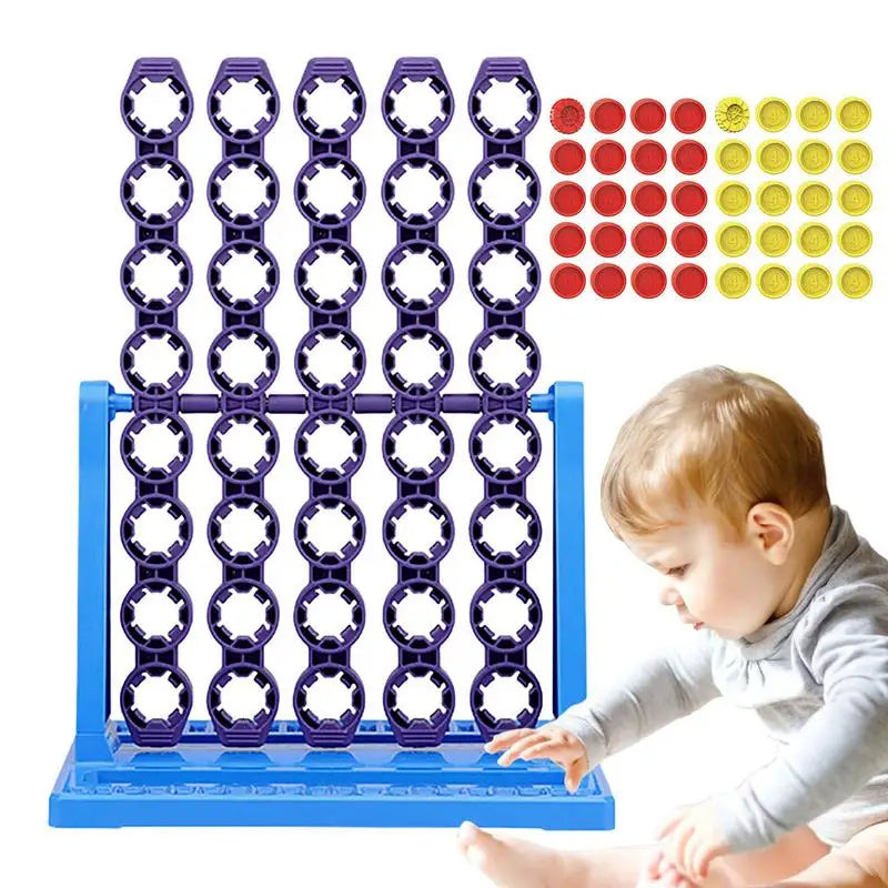 Purple and blue strategy game displayed with red and yellow discs and a child beside it.
