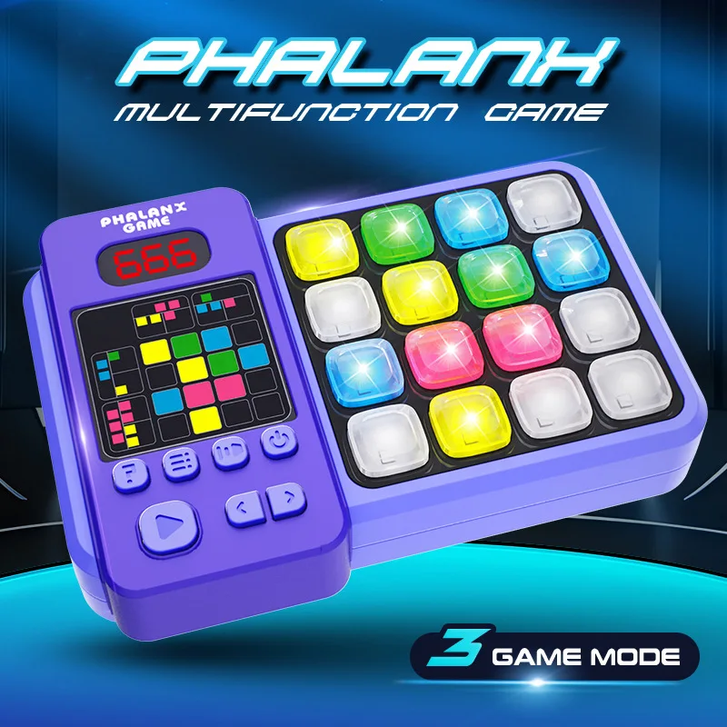 Purple game console color option with multicolored illuminated buttons.