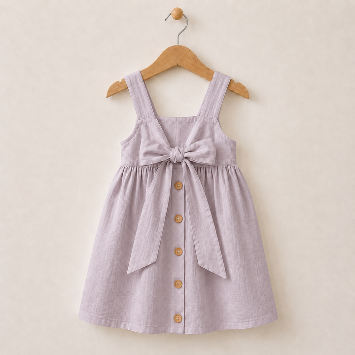 Purple cotton dress on a hanger, showing the back bow and decorative buttons