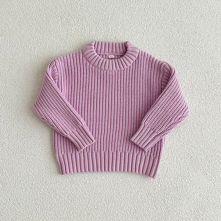 Purple cotton knit sweater with a round neckline, long sleeves, and ribbed cuffs and hem.