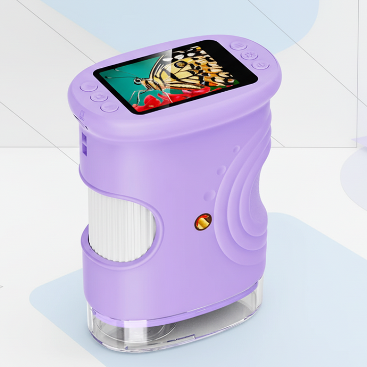 Purple handheld microscope with a butterfly on its screen and a clear viewing base