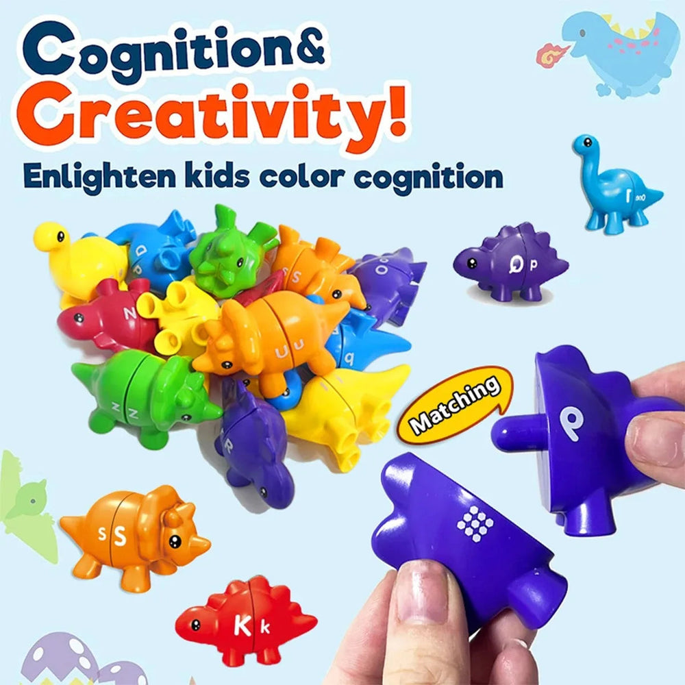Purple dinosaur halves shown apart with their connectors visible beside colorful matching dinosaurs