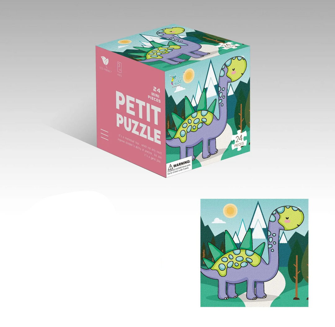 Purple dinosaur jigsaw puzzle in a mountain setting with a matching cube box