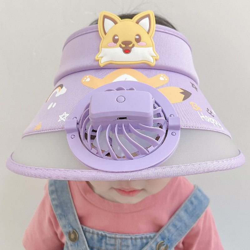Purple fan hat with a cartoon dog decoration and matching fan, worn by a child
