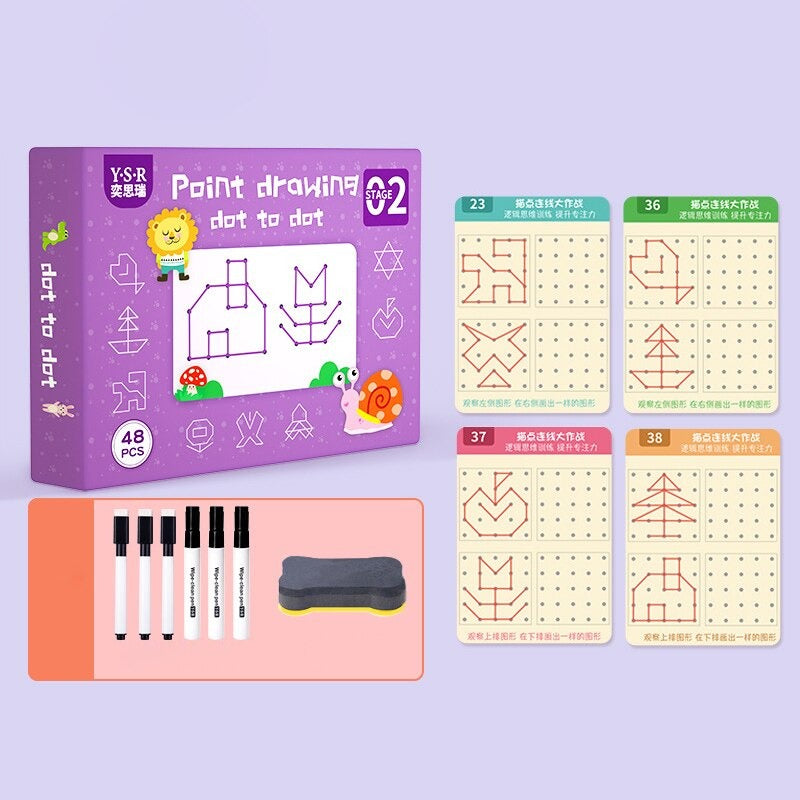 Purple dot-drawing workbook with geometric dot-grid activities, six markers, and an eraser.