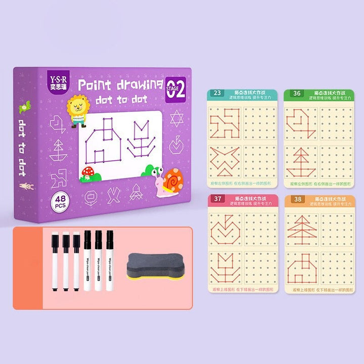 Purple dot-drawing workbook with geometric dot-grid activities, six markers, and an eraser.