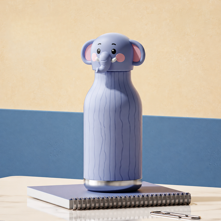 Purple elephant thermos bottle with a textured body and elephant-head cap