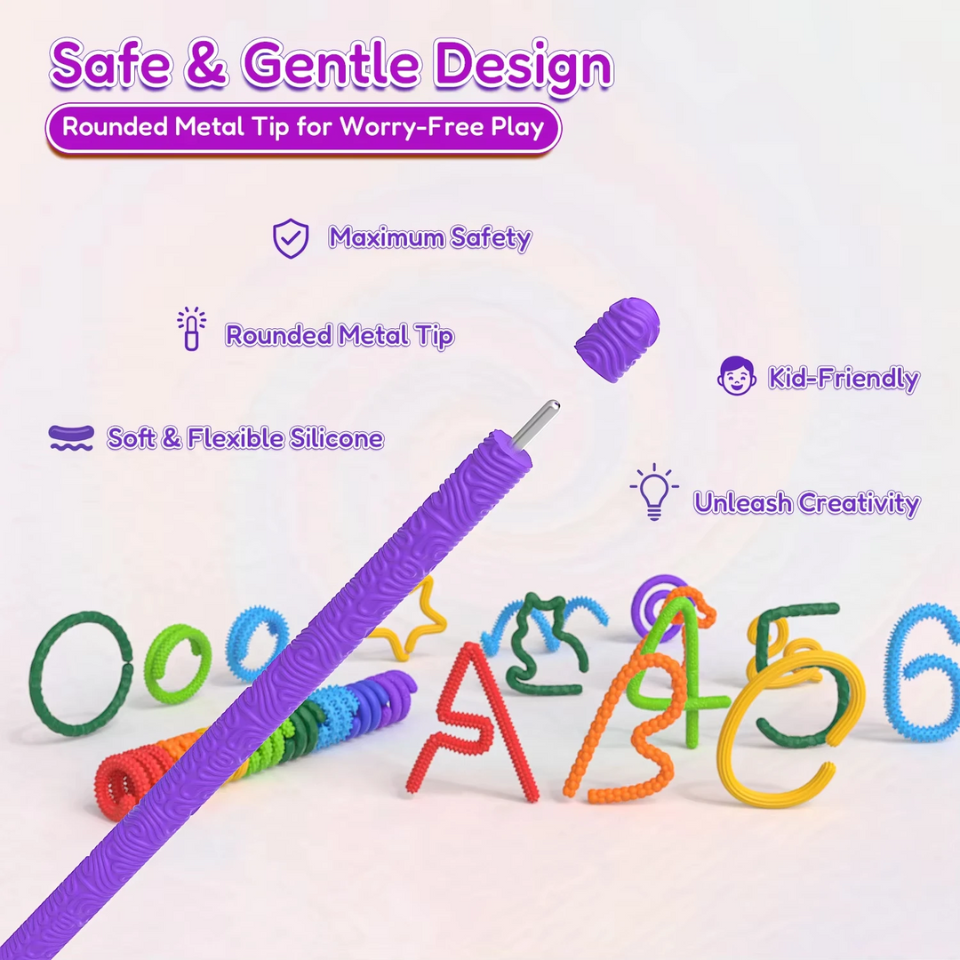 Purple silicone fidget stick with its end cap removed and metal tip visible, beside colorful bent shapes.