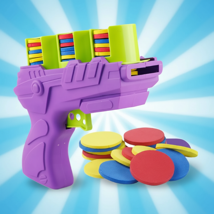 Purple foam disc blaster with lime green loading compartments and colorful discs