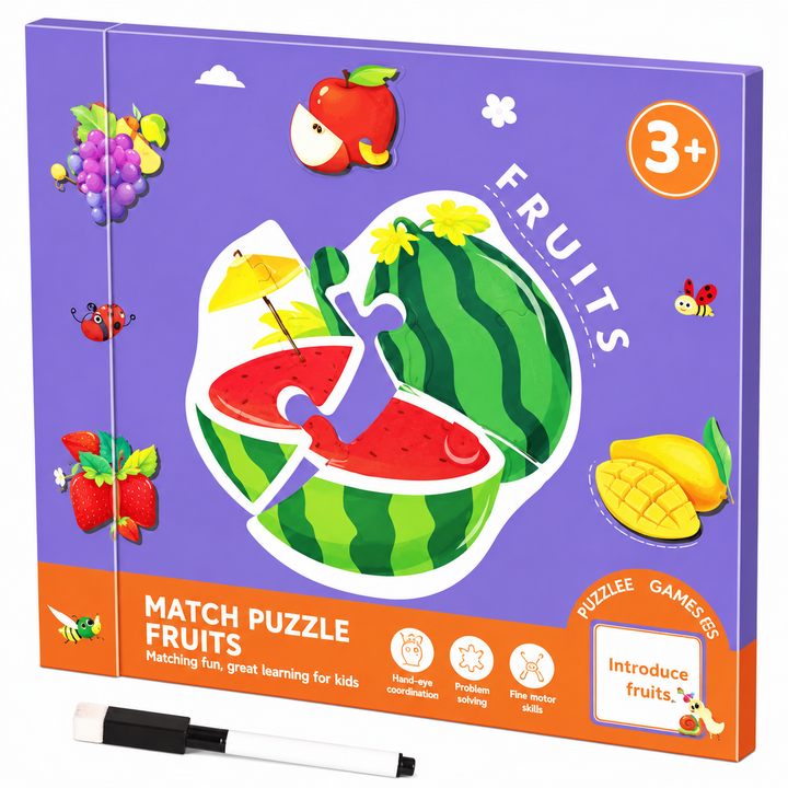 Purple Fruit puzzle book with a watermelon illustration and a drawing pen below.