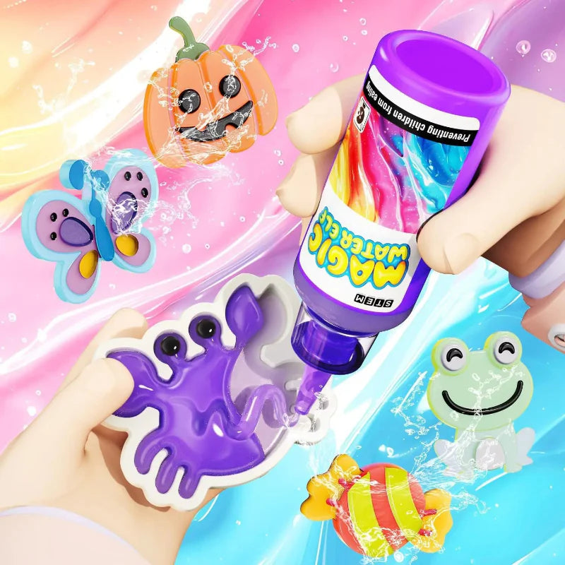 Purple gel being squeezed into an octopus-shaped mold beside other colorful figures