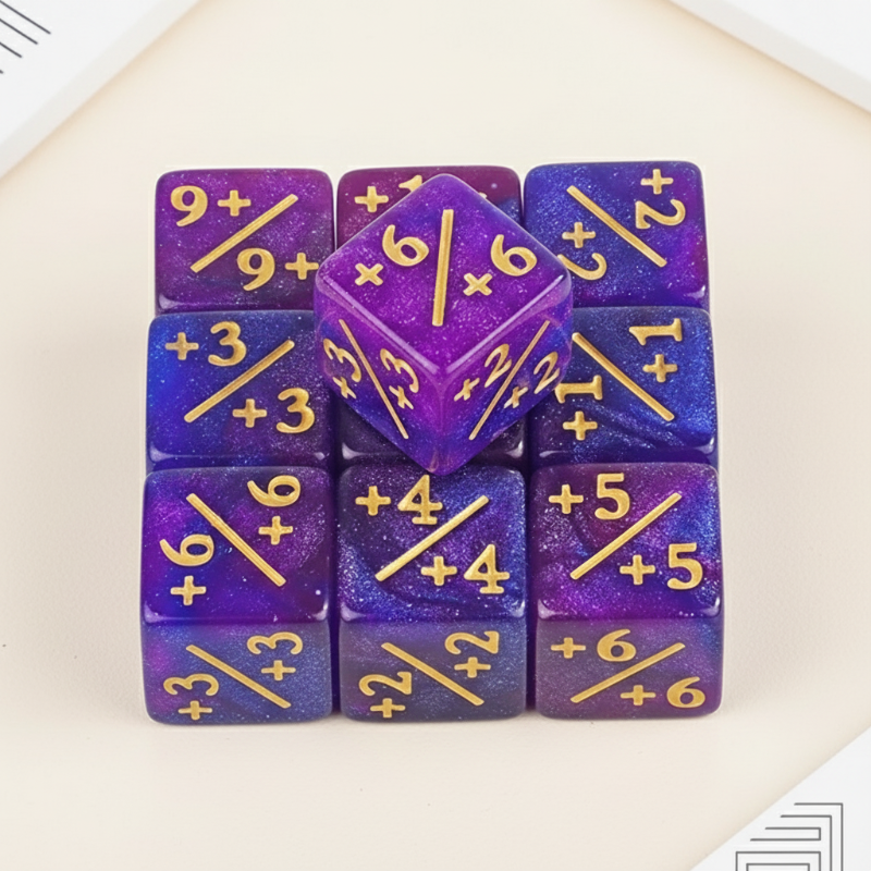 Purple counter dice with gold-colored positive numbers