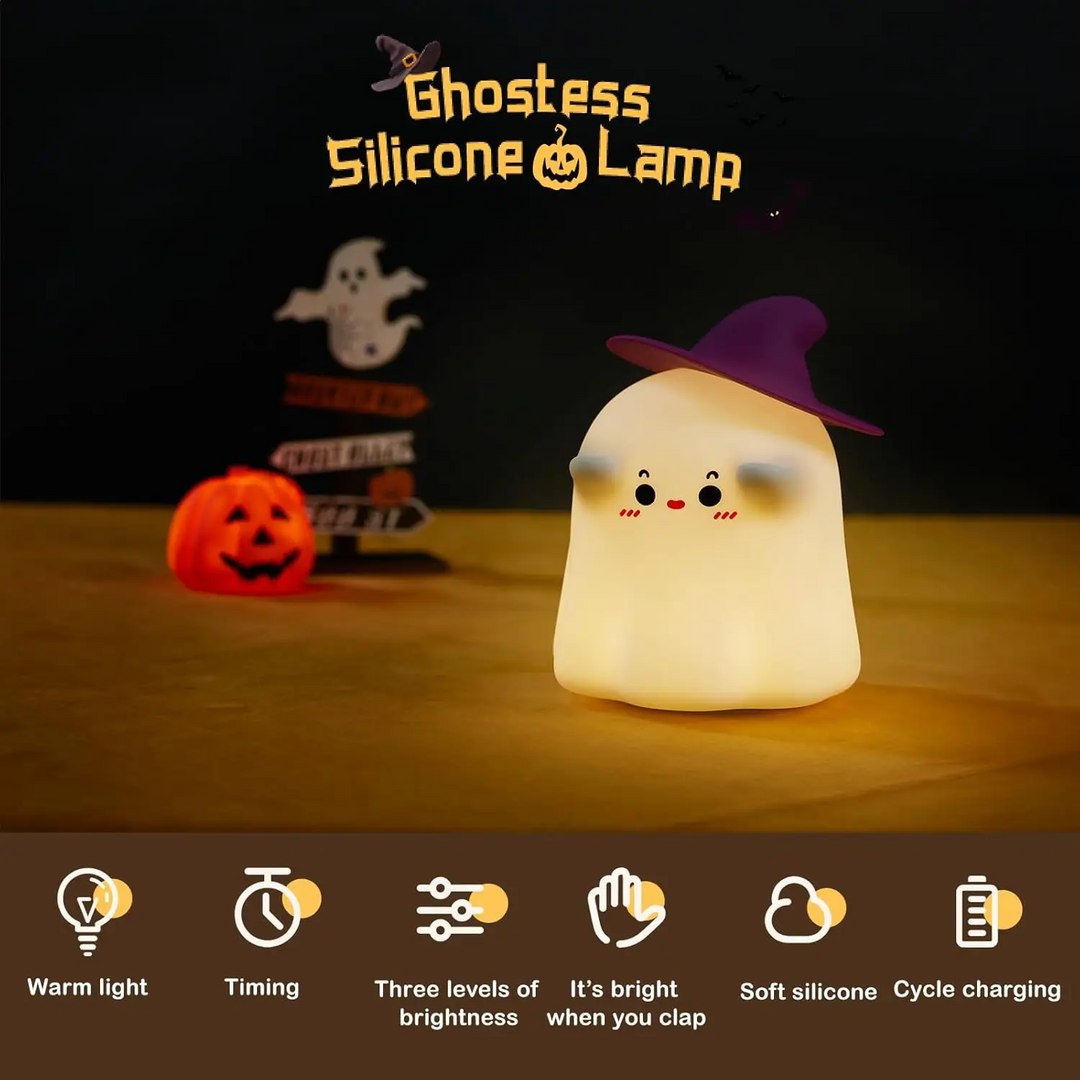 Wizard night light with a purple hat and lighting, timer, and charging feature icons