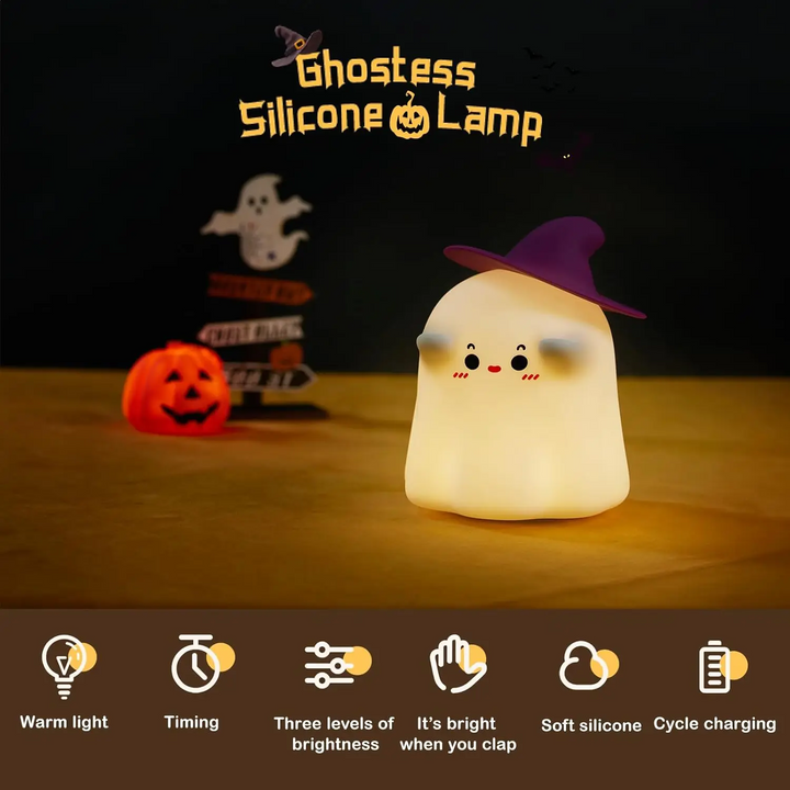Wizard night light with a purple hat and lighting, timer, and charging feature icons
