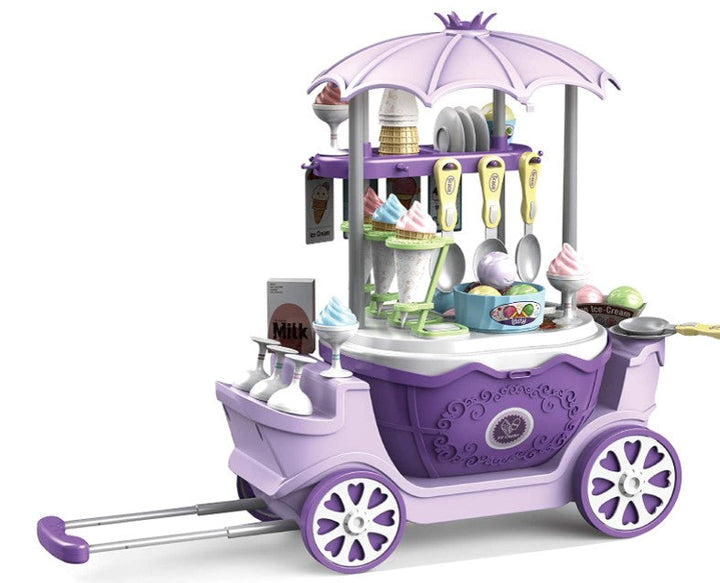 Purple ice cream play cart with a canopy, pretend treats and an extended pull handle