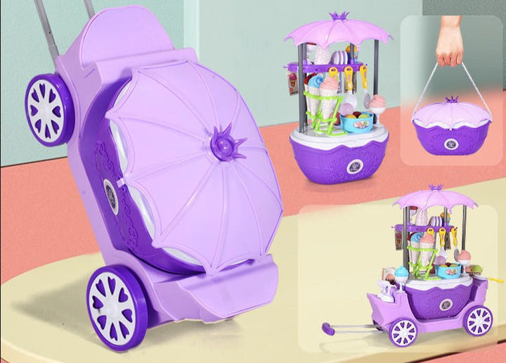 Purple ice cream play set shown as a basket, rolling case and wheeled cart