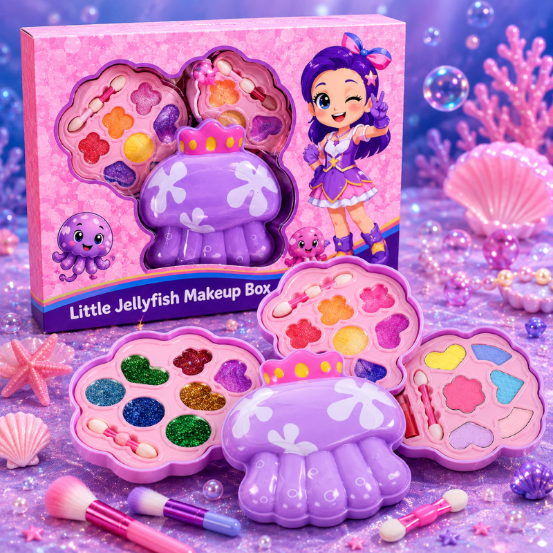 Purple jellyfish makeup case with open color palettes, brushes, and applicators