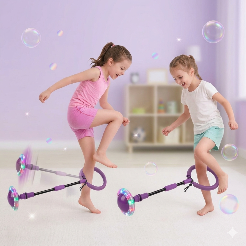 Two children using purple light-up ankle skip balls indoors