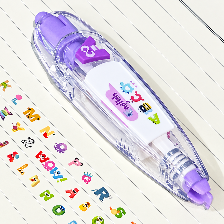 Purple-accented decorative tape dispenser beside colorful letter patterns on lined paper.