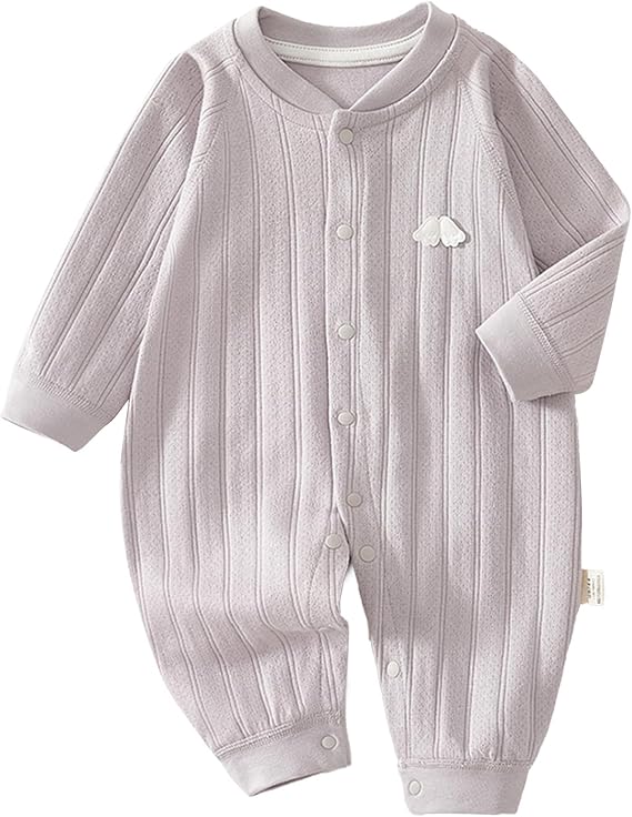 Purple cotton baby romper with long sleeves and snap fastenings