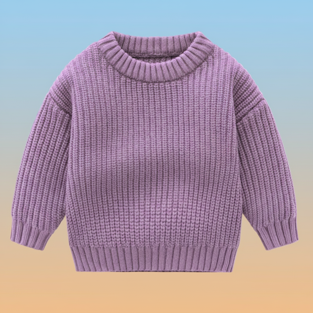 Purple knit sweater with a round neck, long sleeves, and ribbed trim.