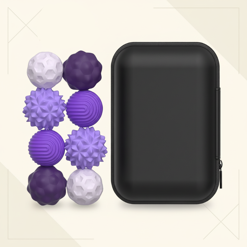 Eight medium purple and lilac magnetic beads beside a rectangular black zippered case