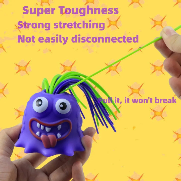Purple monster stress toy held while one flexible hair strand is stretched