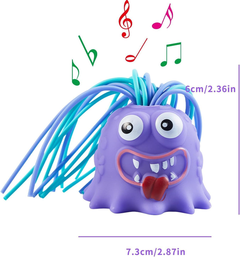 Purple monster squeeze toy with colorful hair, musical notes, and measurement markings