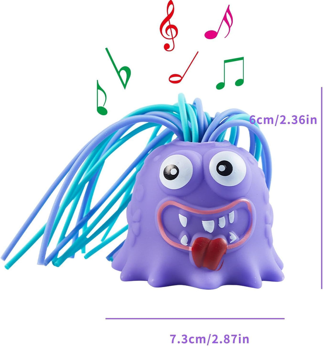 Purple monster squeeze toy with colorful hair, musical notes, and measurement markings