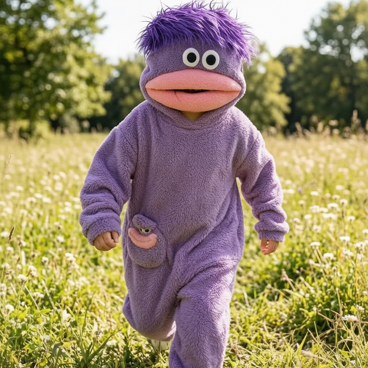 Child wearing a purple monster onesie with a purple-haired hood in a garden