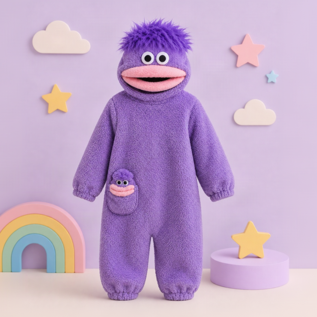 Purple hooded monster onesie with large eyes, a pink mouth and a smaller front face detail