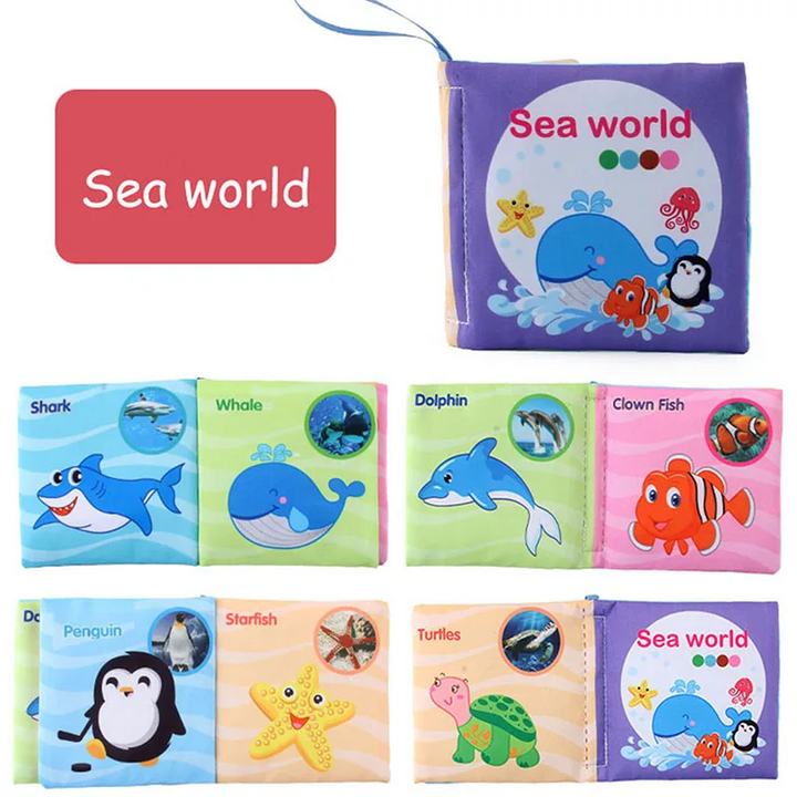 Square ocean-themed fabric book with a purple cover and shark, whale, dolphin, and turtle pages.